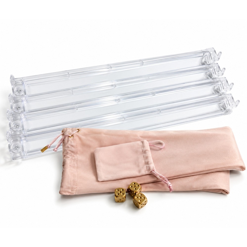 Backgammon Dice Set with Clear Rollers and Blush Pink Velvet Pouch